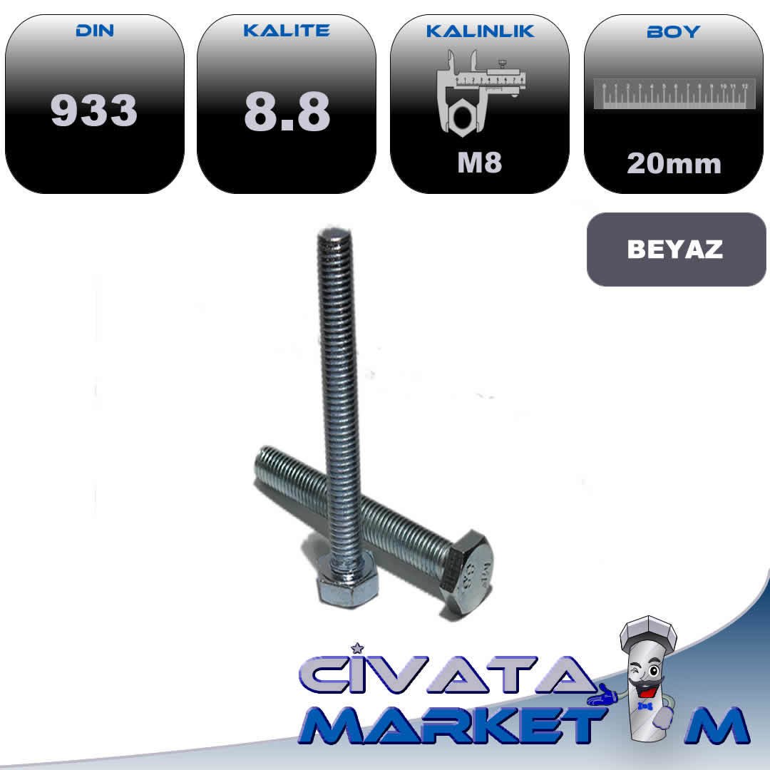 M8*20 ANAHTAR BAŞ TAM DİŞ CİVATA 8,8