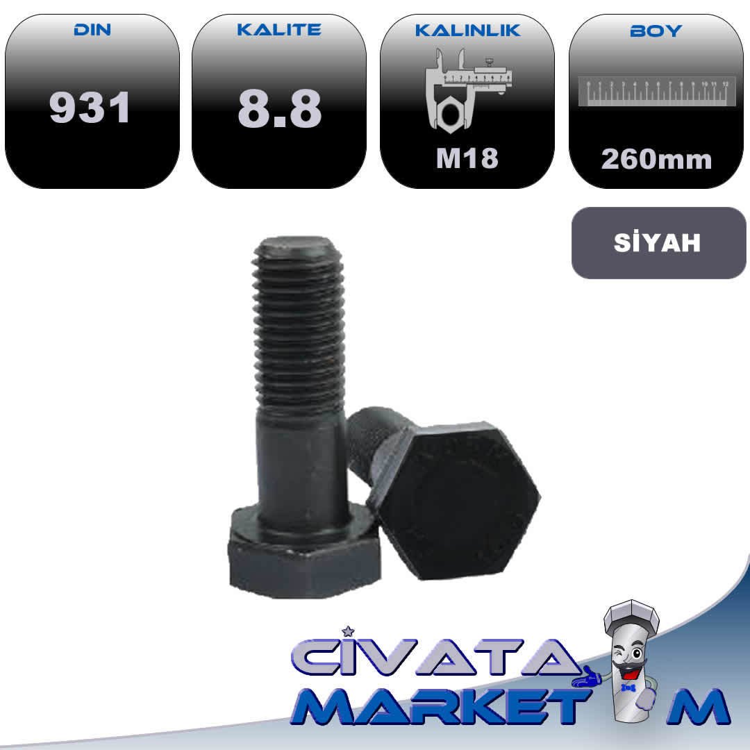 M18*260 ANAHTAR BAŞ YARIM DİŞ CİVATA 8,8 SİYAH